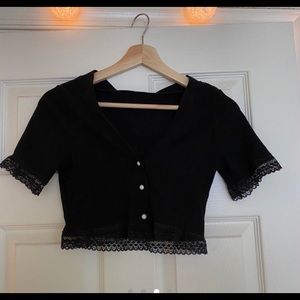 Black Button up Crop Top with Lace Detail